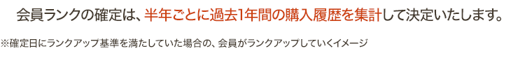 会員ランクの確定は、半年ごとに過去1年間の購入履歴を集計して決定いたします。※確定日にランクアップ基準を満たしていた場合の、会員がランクアップしていくイメージ