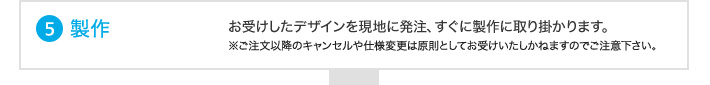 製作（お受けしたデザインを現地に発注、すぐに製作に取り掛かれます。）※ご注文以降のキャンセルや仕様変更は原則としてお受けいたしかねますのでご注意下さい。