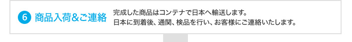 商品入荷＆ご連絡（完成した商品はコンテナで日本に輸送します。
    日本に到着後、弊社にて検品を行い、お客様にご連絡いたします。）